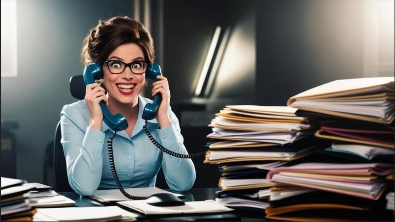 מזכירה יושבת במשרד מחזיקה שתי טלפונים וערימת תיקים לצידה על השולחן