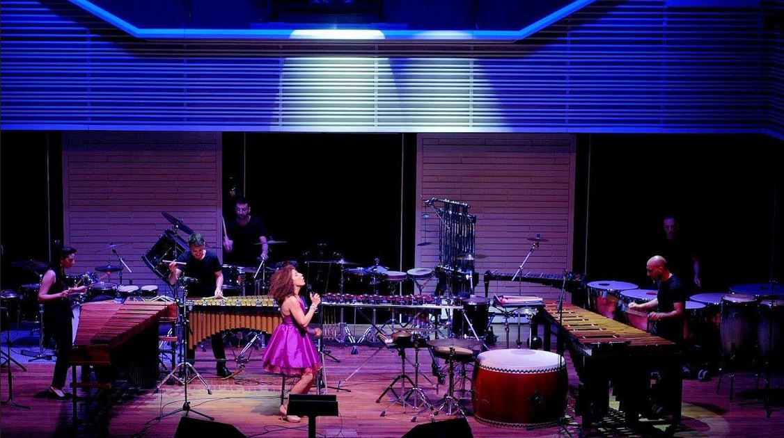 תמונה של נגנים עם כלי נגינה ומולם זמרת בשמלה ורודה אוחזת במיקרופון