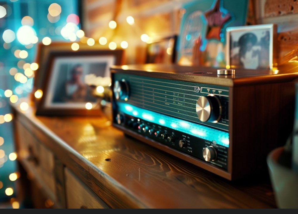 תמונה של רדיו על ארונית וברקע תמונות
