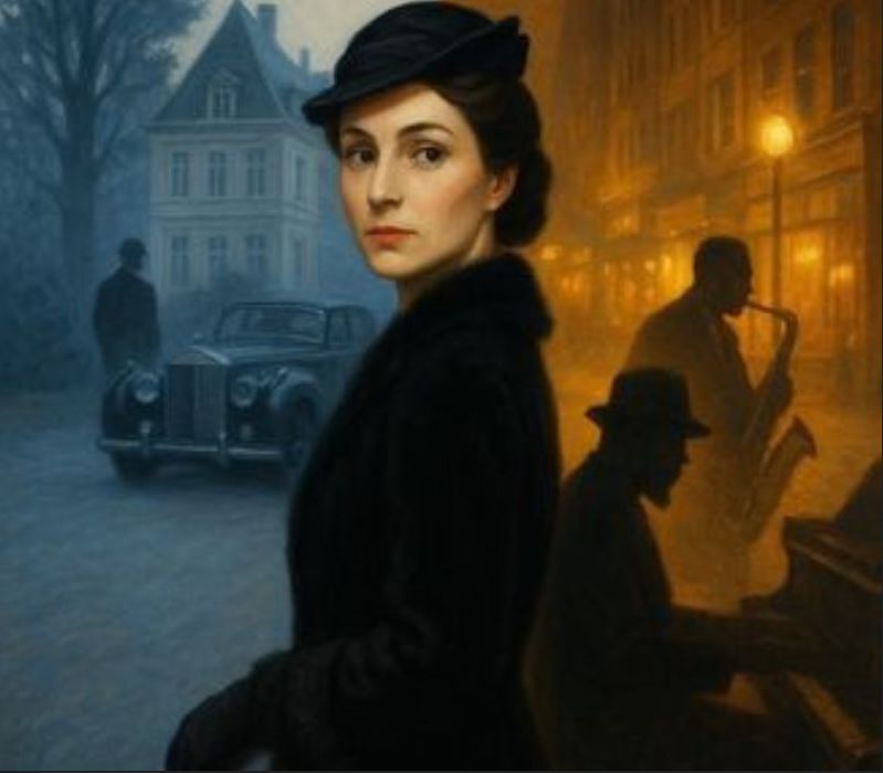 אישה עם כובע ברט מסתכלת הצידה מאחוריה מצד ימין קרע של רחוב ובו איש מנגן בסקסופון ואיש אחר על פסנתר ומצד שמאל רקע אפור של איש מחוץ לרכב מתבונן על בית